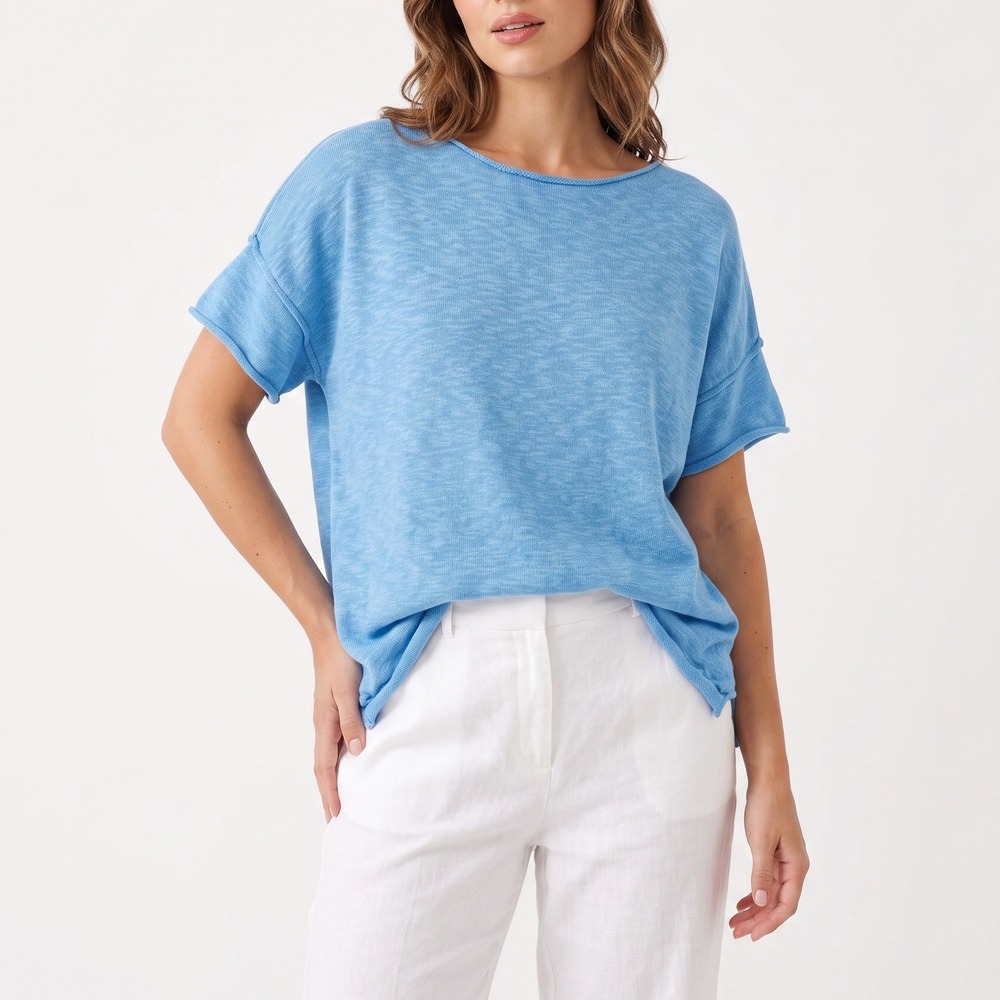 Uniqlo Knit Top Women's M Blue Short Sleeve Scoop Neck Excellent